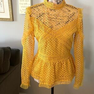 Gold / yellow eyelet top with ruffle and sheer sleeve by Ina MEDIUM